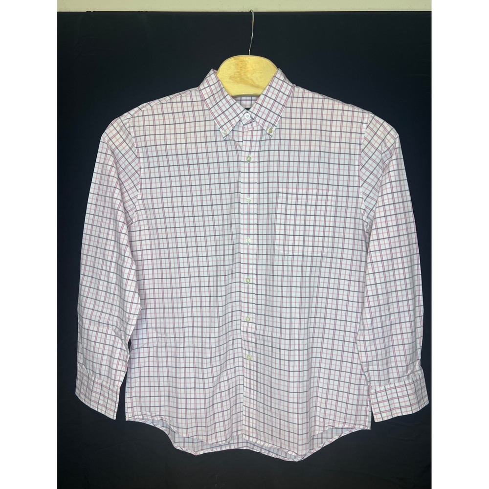 IZOD Men Size Large Long Sleeve Pink/Gray/White Plaid Button Down Shirt.
